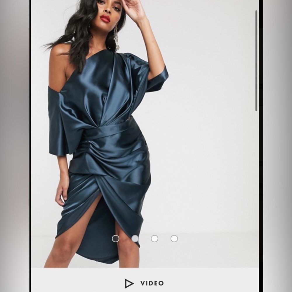 Navy blue asymmetrical midi satin dress